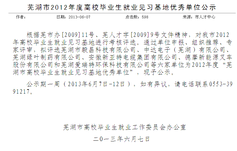 熱烈祝賀我司榮獲“2012年度就業(yè)見習(xí)基地優(yōu)秀單位”稱號！
